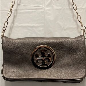 Tory Burch Gray Metallic Shoulder Bag with Chain Strap